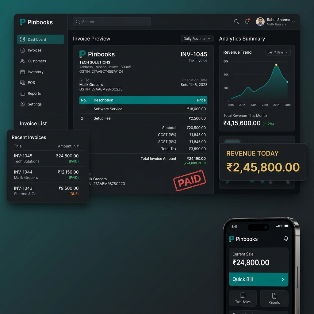 Pinbooks dashboard showing GST invoicing, POS, and revenue analytics